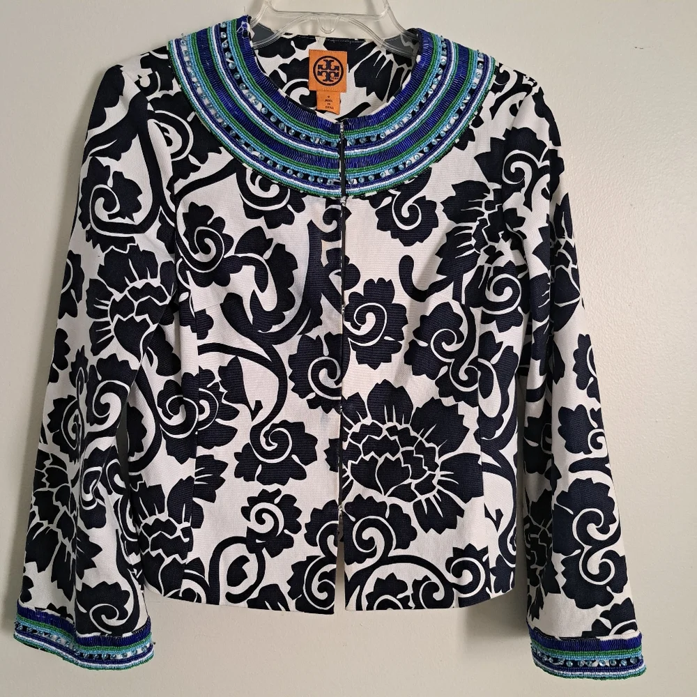 Tory‎ Burch Beaded Collar Floral Print Jacket Navy White Blue Green Women Size 6